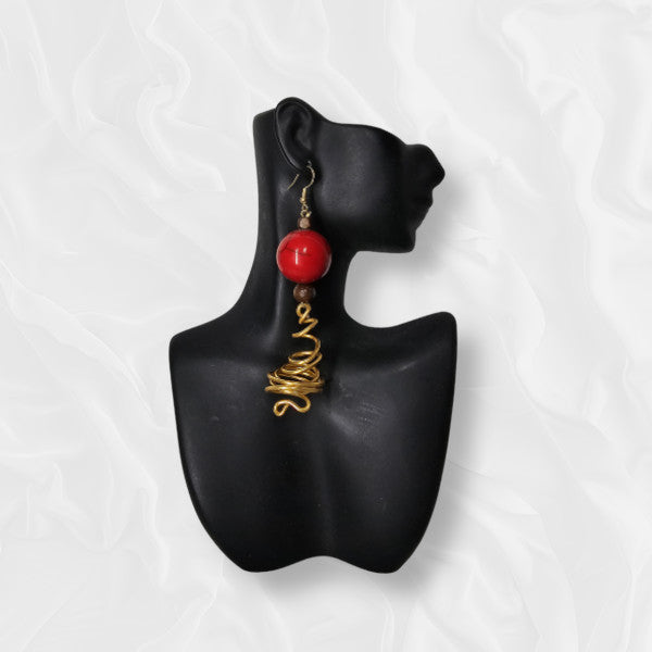 African Large Drop Golden Accented Large Red Stone Patterned Earrings