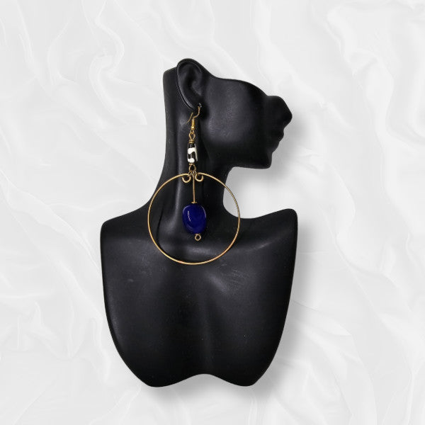 African Large Drop Black and White Top Large Loop with Blue Stone