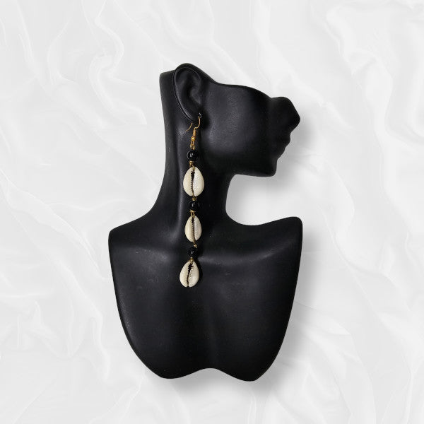 African Large Drop Shell and Black Beaded Earrings