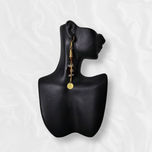 African Large Drop Golden Accented Deep Brown Decorative Stone Earrings