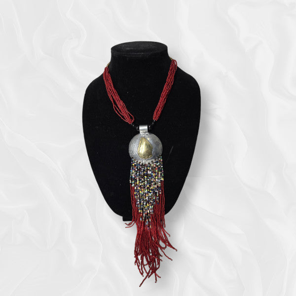 Red Drop Beaded Golden and Silver Coloured Metallic Necklace