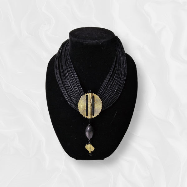 Elegant Black Beaded Drop Golden Accented Necklace