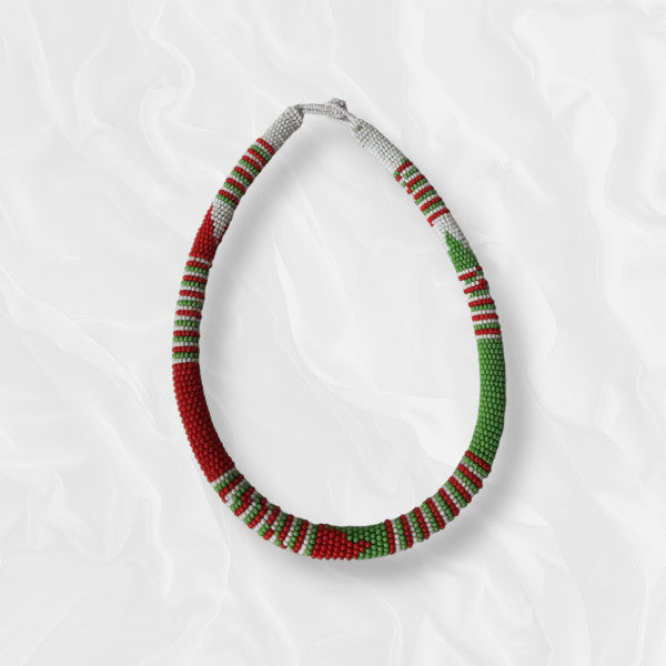 Red Green and White Patterned Casual Necklace