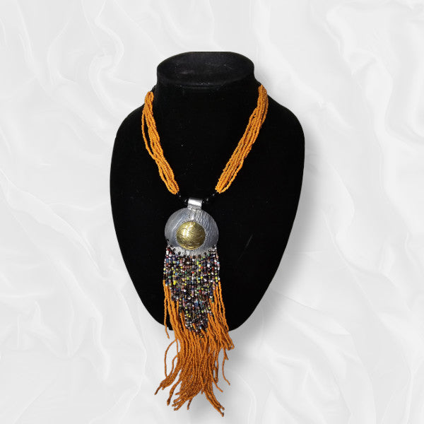 Yellow Drop Beaded Golden and Silver Coloured Metallic Necklace