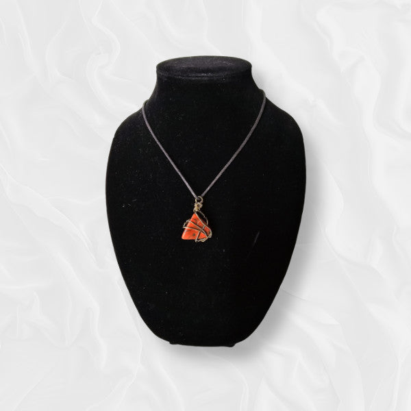 Triangular Stone Orange Pendant Brass Accented Necklace