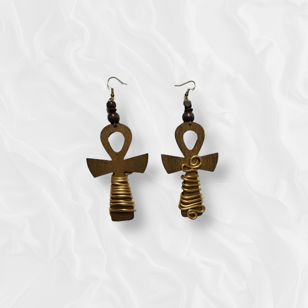 African Drop Wooden Gold Accented Cross Earrings