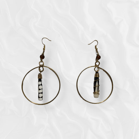 African Drop Metallic Inner Black and White Earrings
