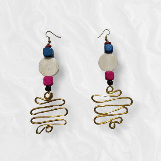 African Drop Pink and Blue Squiggly Gold Accentuated Earrings