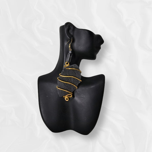 African Large Drop Ashen Black Gold Accented Earrings