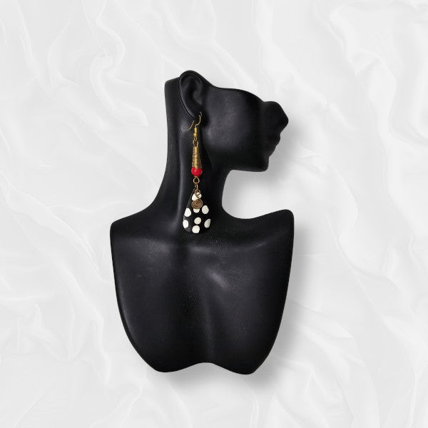 African Large Black and white Speckled Red Accented Earrings