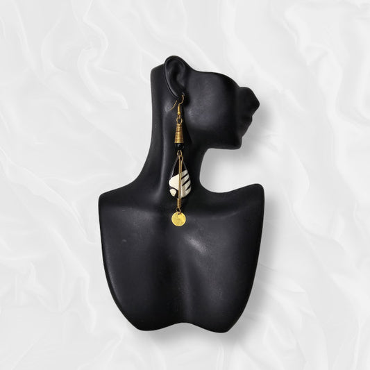 African Large Black and White Patterned Tear Drop Gold Accented Earrings