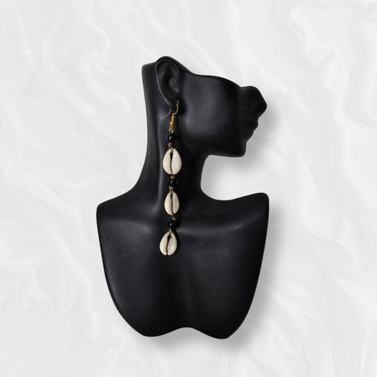 African Large Drop Shell and Black Beaded Earrings