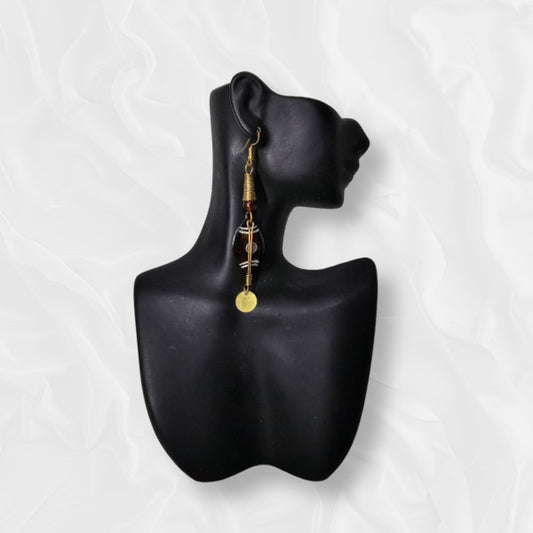 African Large Drop Golden Accented Deep Brown Decorative Stone Earrings