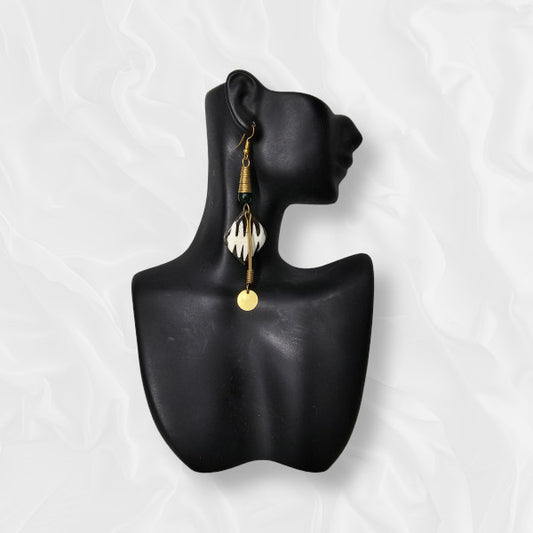 African Large Drop Golden Accented Black and White Patterned Earrings