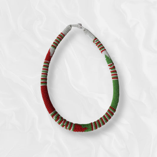 Red Green and White Patterned Casual Necklace