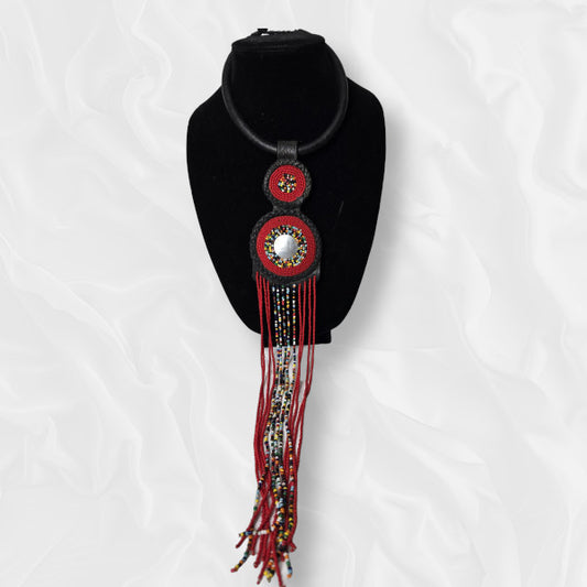 Red Drop Beaded Woven Necklace