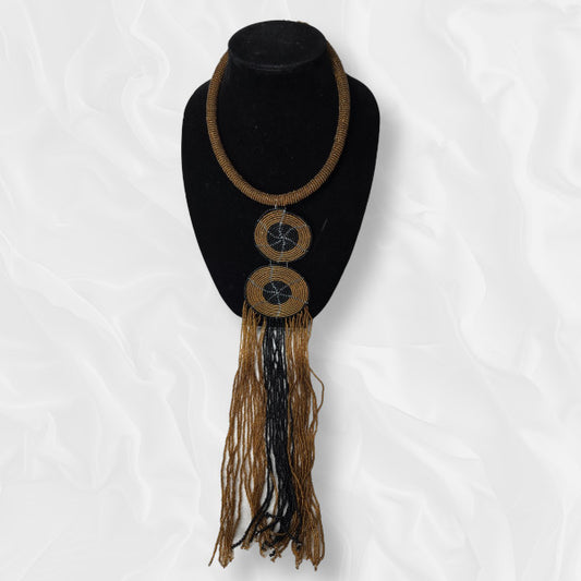 Brown Drop Beaded Woven Necklace