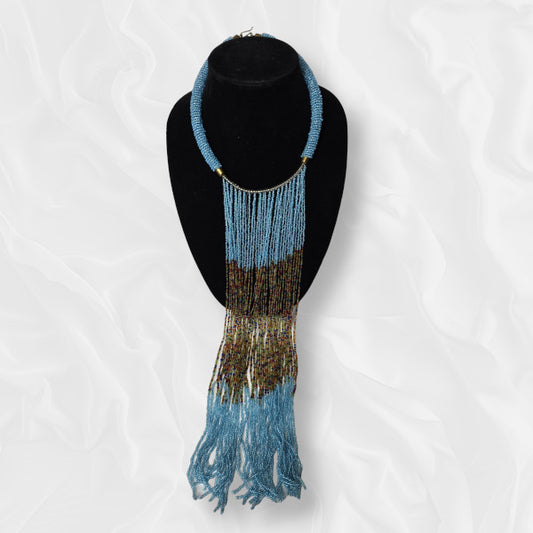 Light Blue Drop Beaded Brown and Golden Accented Necklace