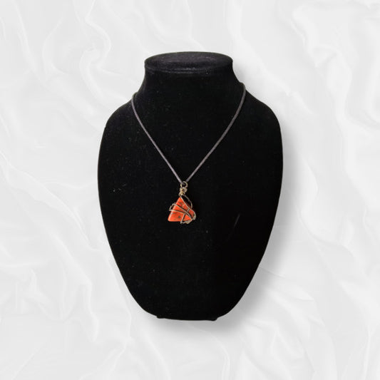 Triangular Stone Orange Pendant Brass Accented Necklace
